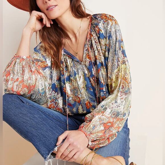 Anthropologie Tops - Verb Pallavi Singhee Metallic Gold Long Balloon Sleeves Boho Oversized Top XS